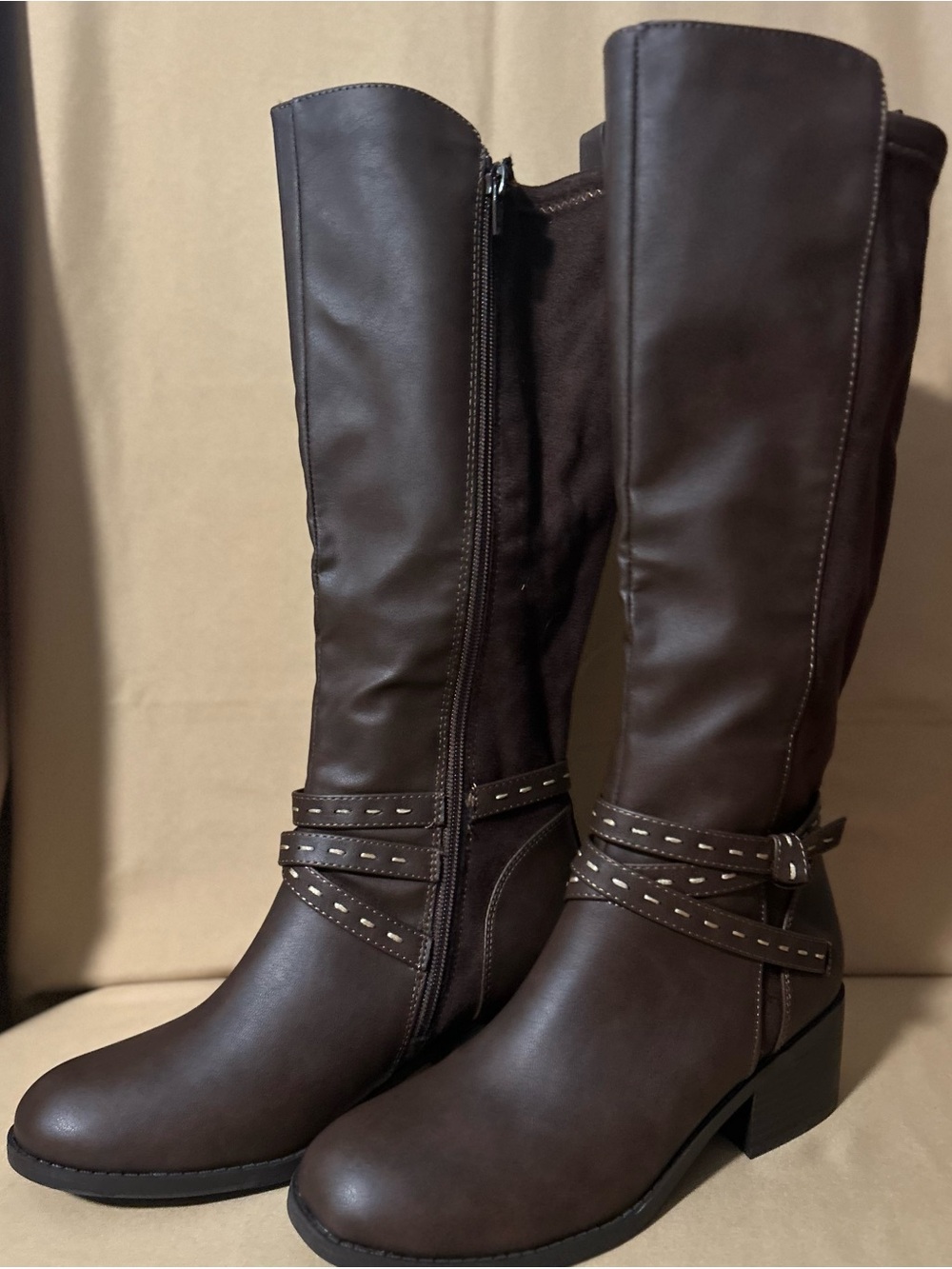 Wonderly Chocolate Brown Knee-High Strap Heeled Boots